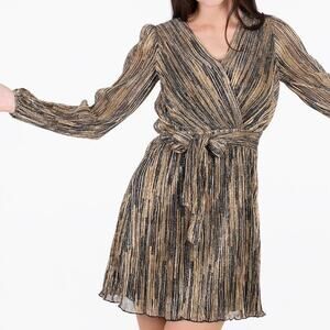 Molly Bracken M Womens Gold Metallic Faux Wrap Belted Mini Dress Party